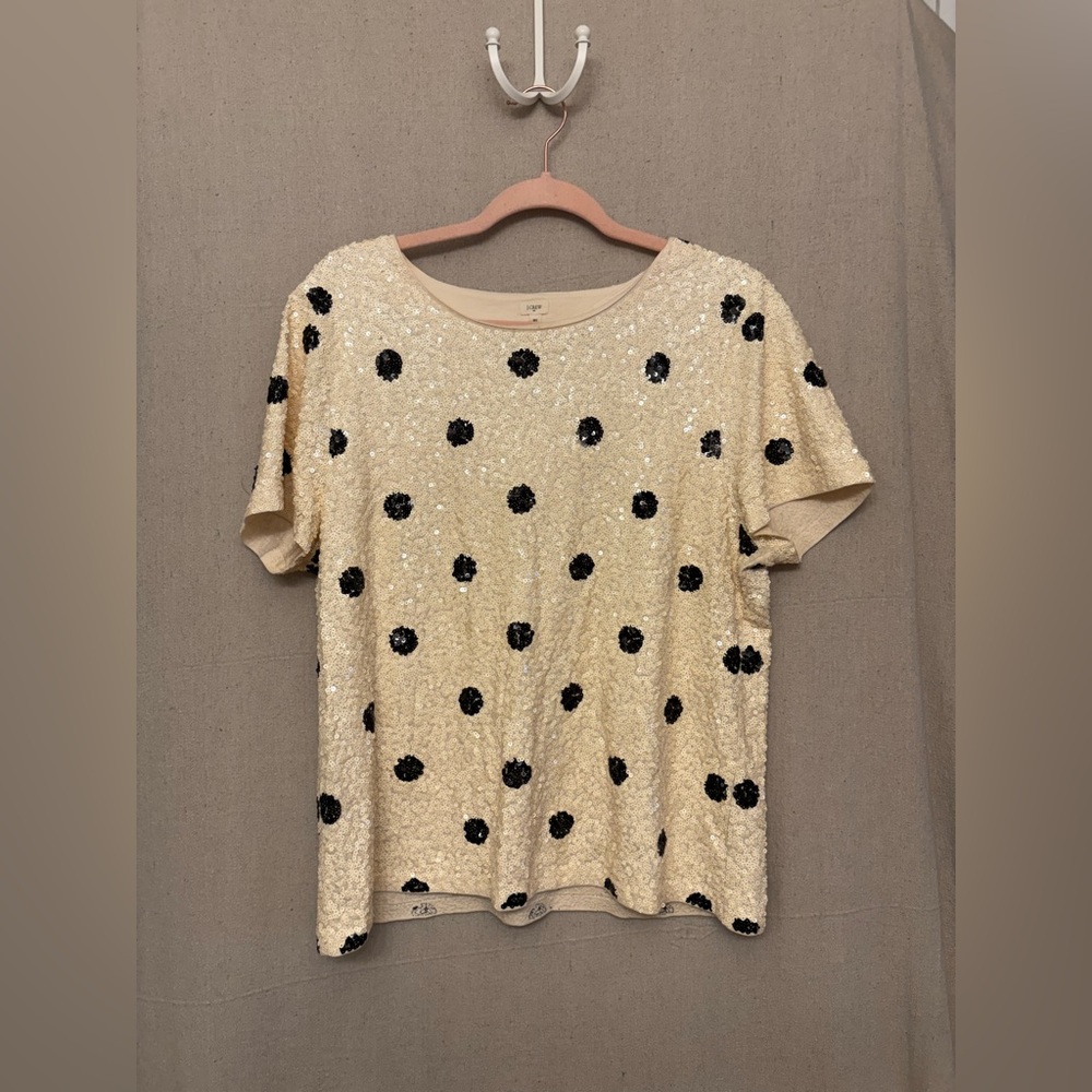 J. Crew XL Sequin Polka Dot Short Sleeve Top - Cream with Black Dots
